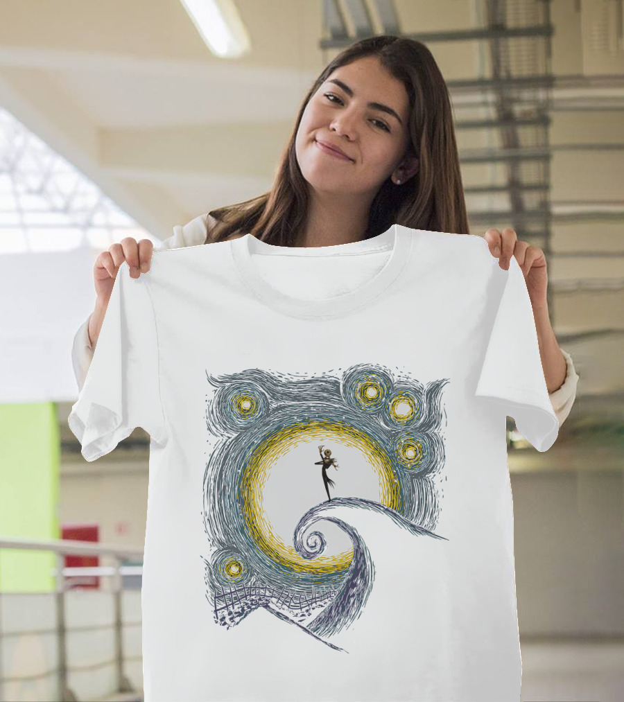 Jack Skellington on Curled Hill with Starry Night Inspired Background T-Shirt