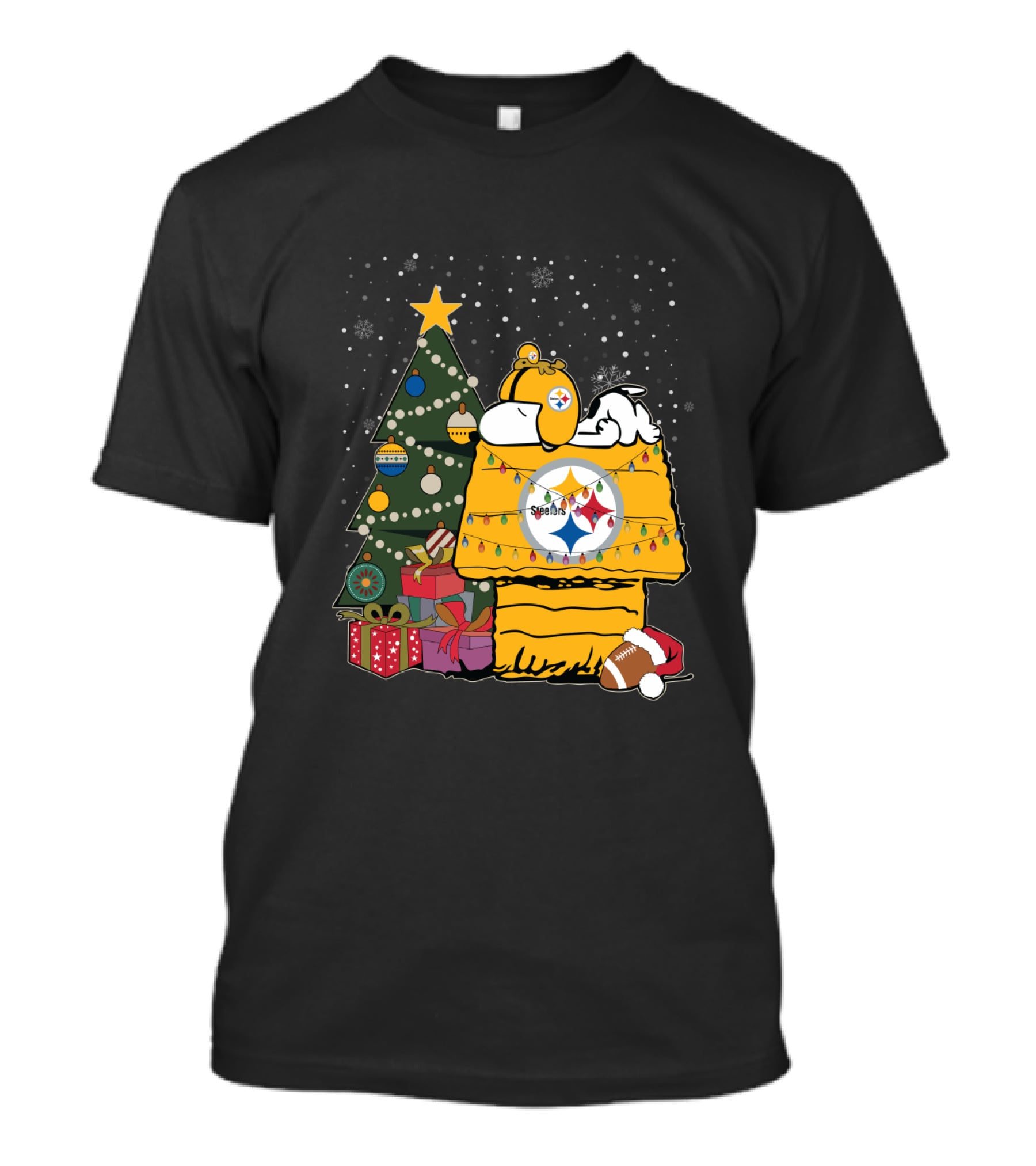 Pittsburgh Steelers Christmas Snoopy Doghouse Festive Holiday Scene T-Shirt