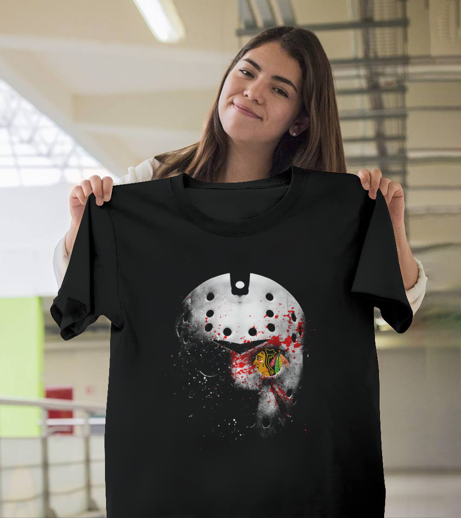 Chicago Blackhawks Jason Mask Blood Splatter Nhl Horror Crossover T-Shirt