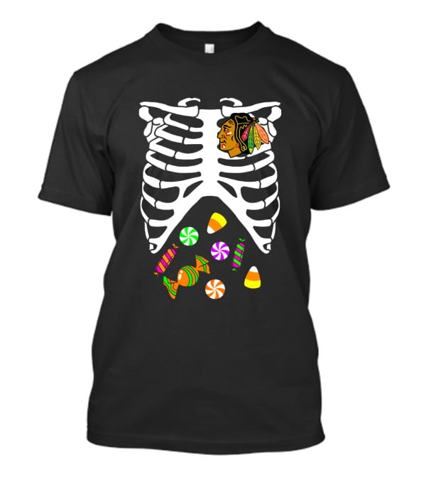 Chicago Blackhawks Skeleton Candy Ribcage Halloween T-Shirt