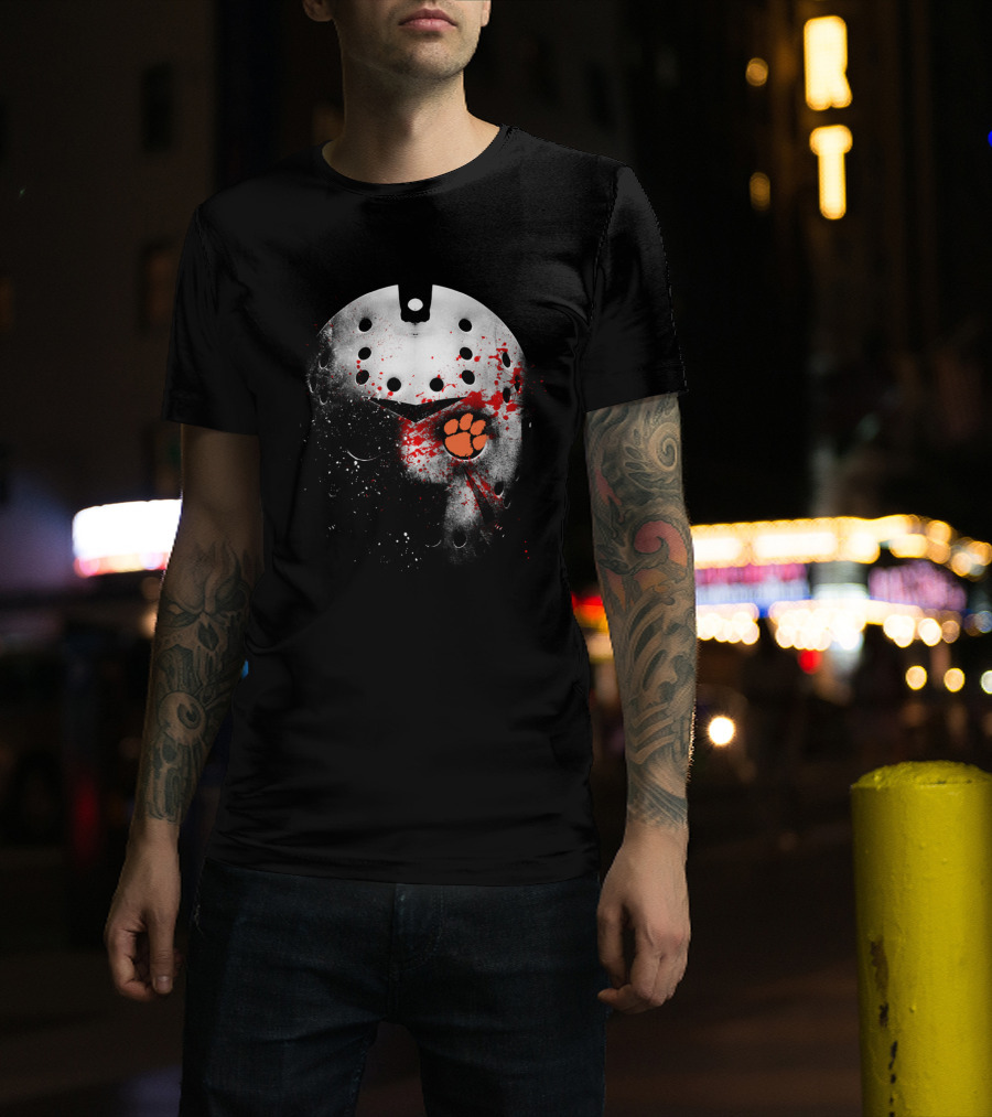 Clemson Tigers Football Jason Voorhees Mask With Paw Print And Blood Splatter T-Shirt