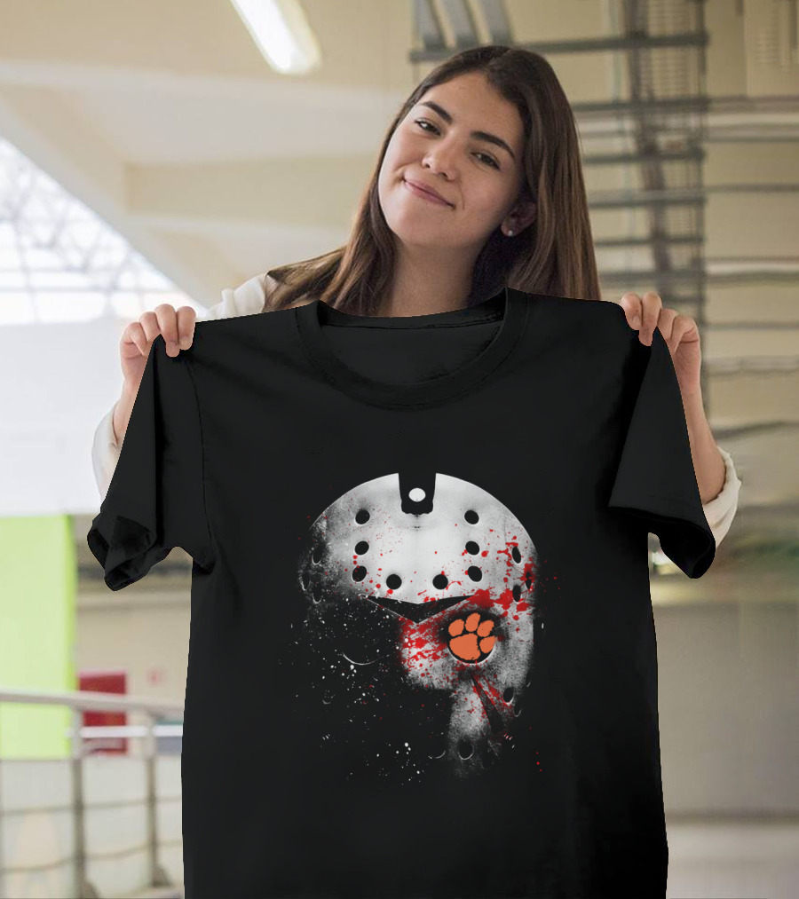 Clemson Tigers Football Jason Voorhees Mask With Paw Print And Blood Splatter T-Shirt