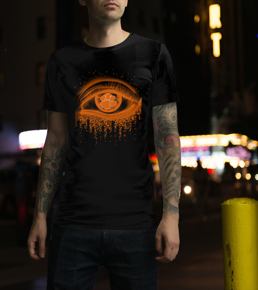 Clemson Tigers Football Eye With Orange Tiger Paw Logo And Starry Drips T-Shirt