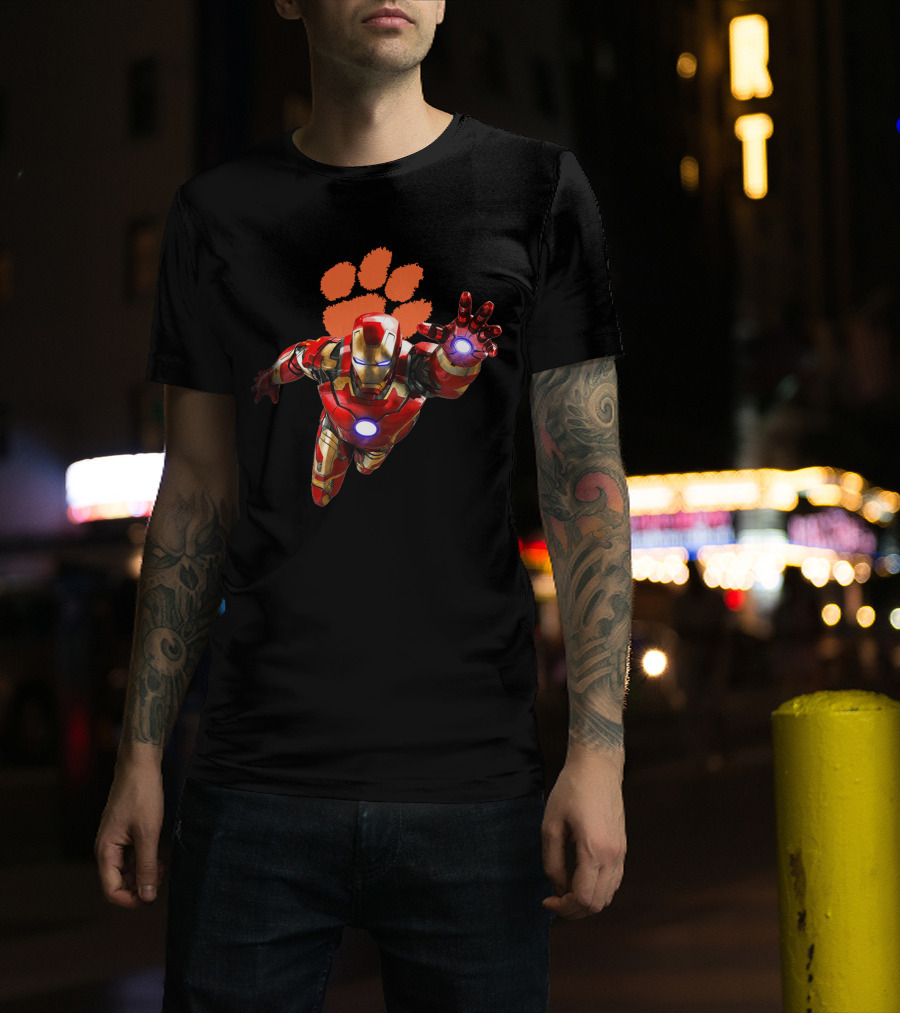 Clemson Tigers Iron Man Flying Paw Print Football T-Shirt