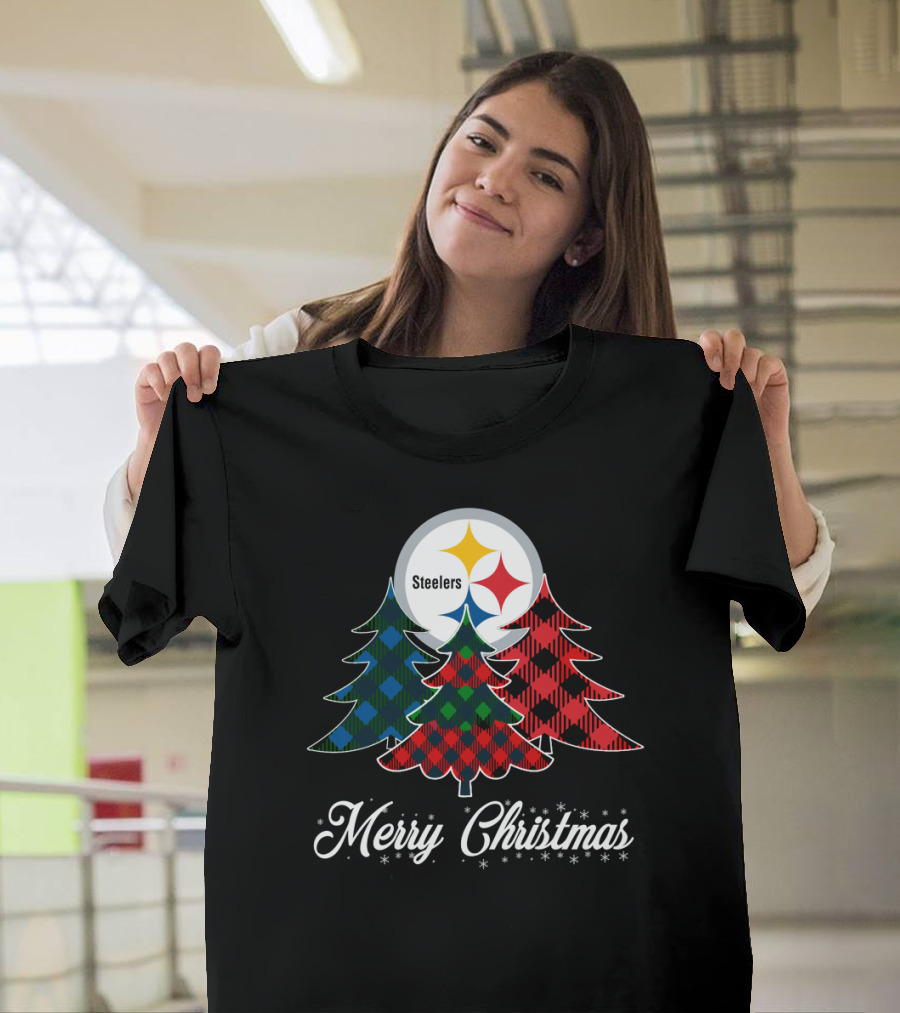 Steelers Merry Christmas Plaid Trees T-Shirt