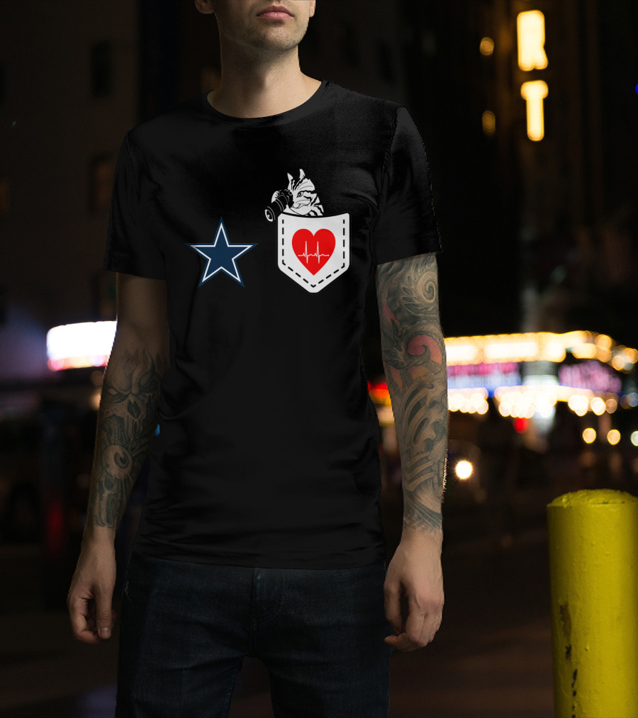 Dallas Cowboys Star Cat In Heartbeat Pocket T-Shirt