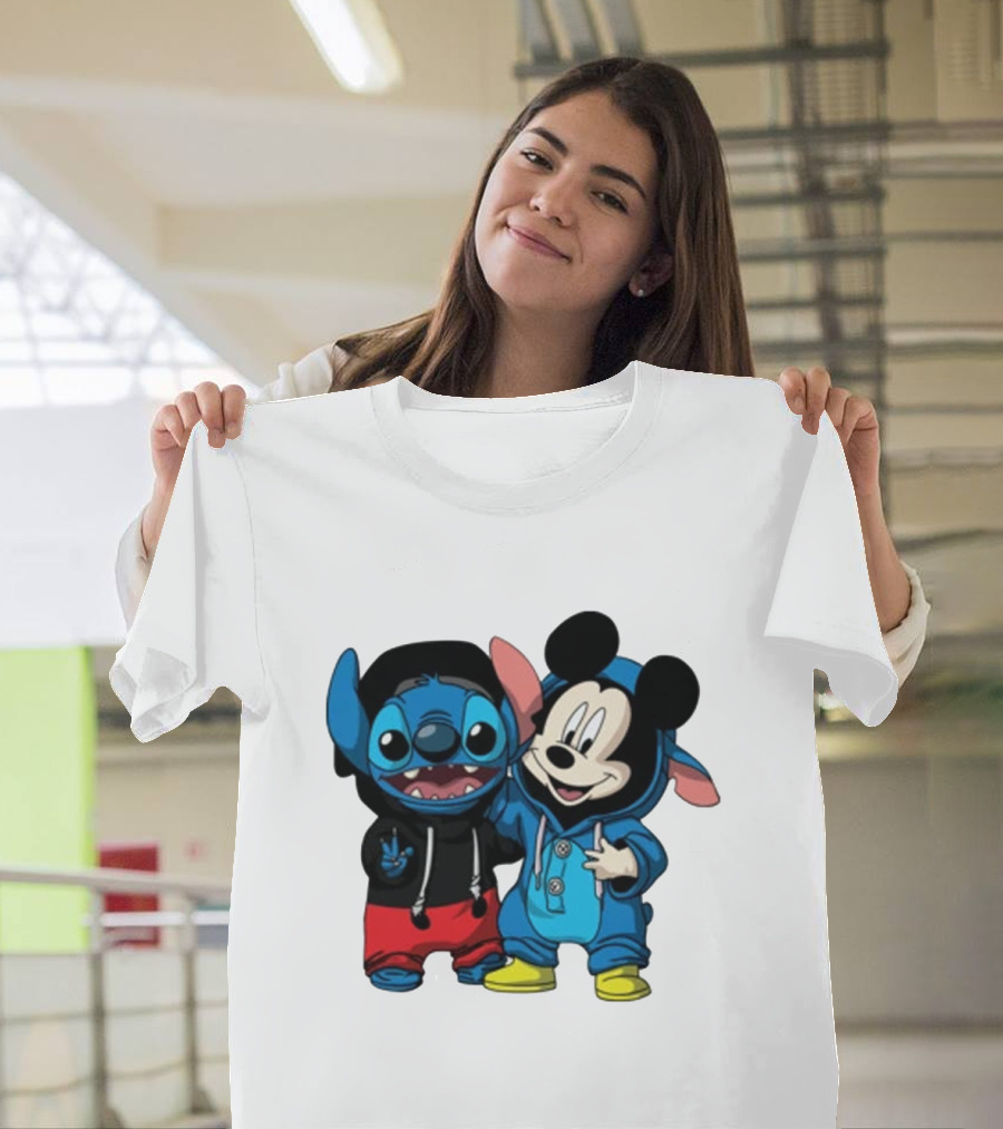 Mickey Mouse And Stitch In Hoodies T-Shirt
