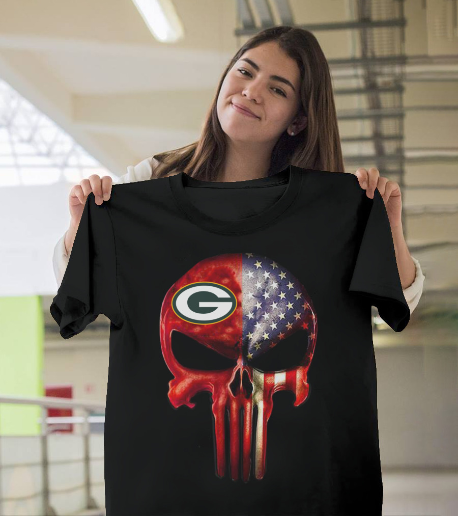 Green Bay Packers American Flag Skull T-Shirt