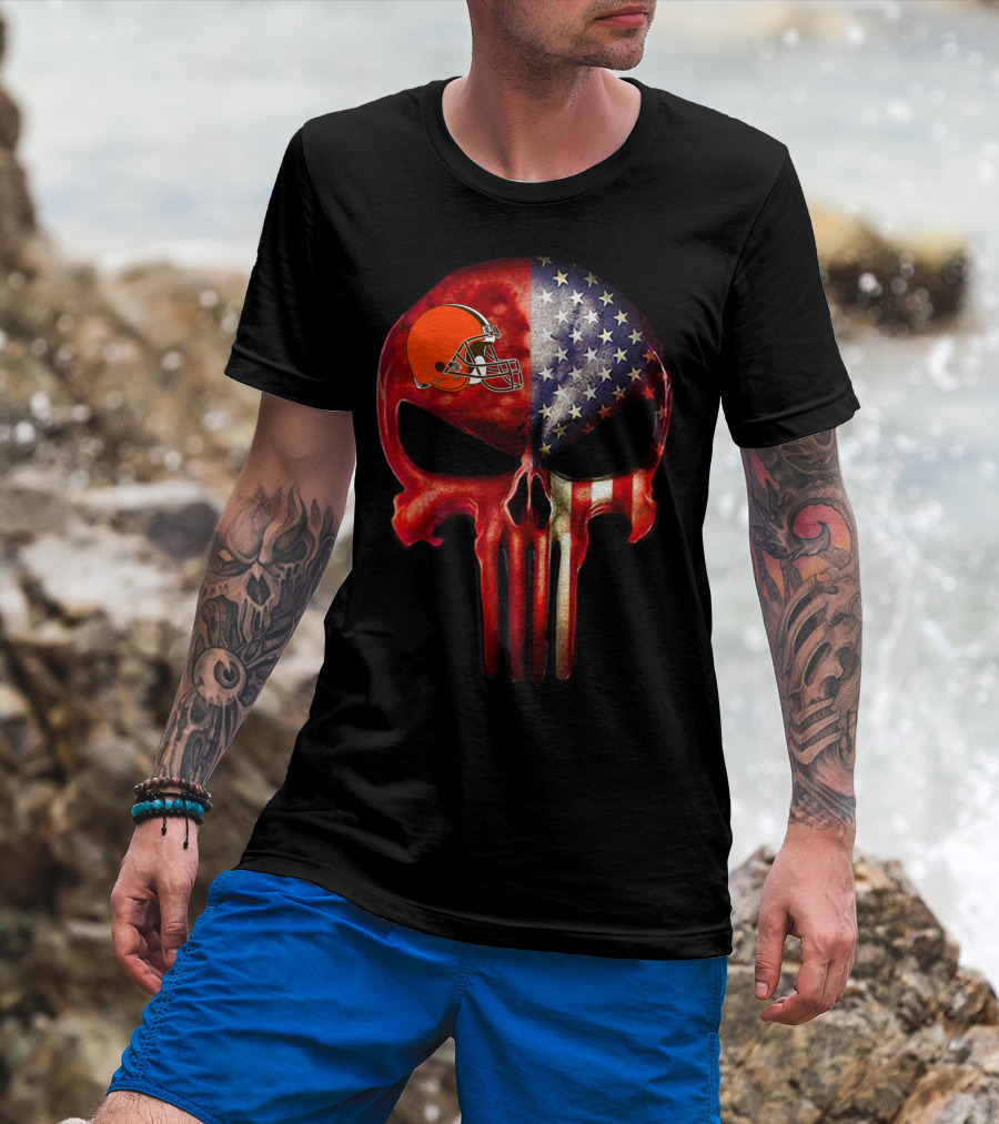 Cleveland Browns American Flag Skull For True Cleveland Fan Only T-Shirt