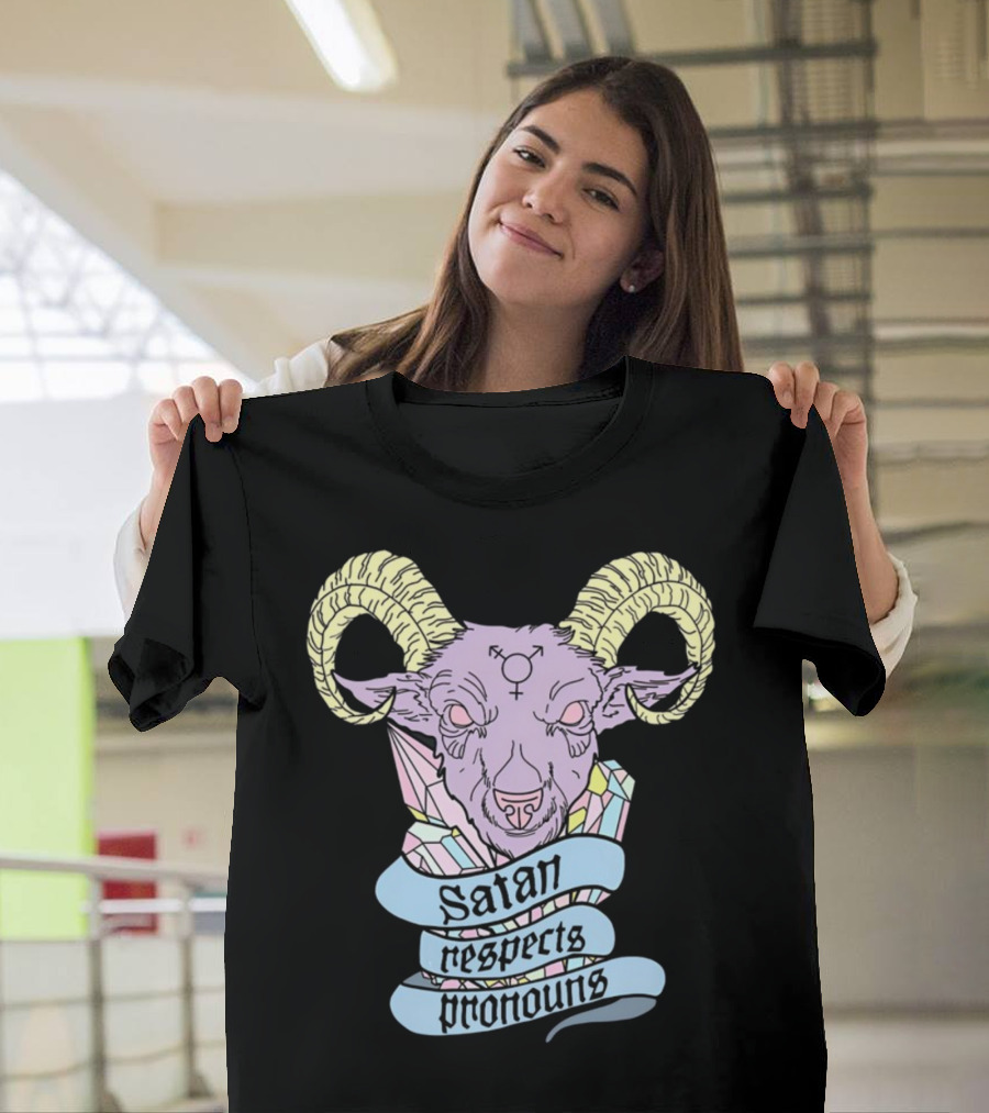 Satan Respects Pronouns Pastel Goat Head with Horns and Gender Symbols T-Shirt