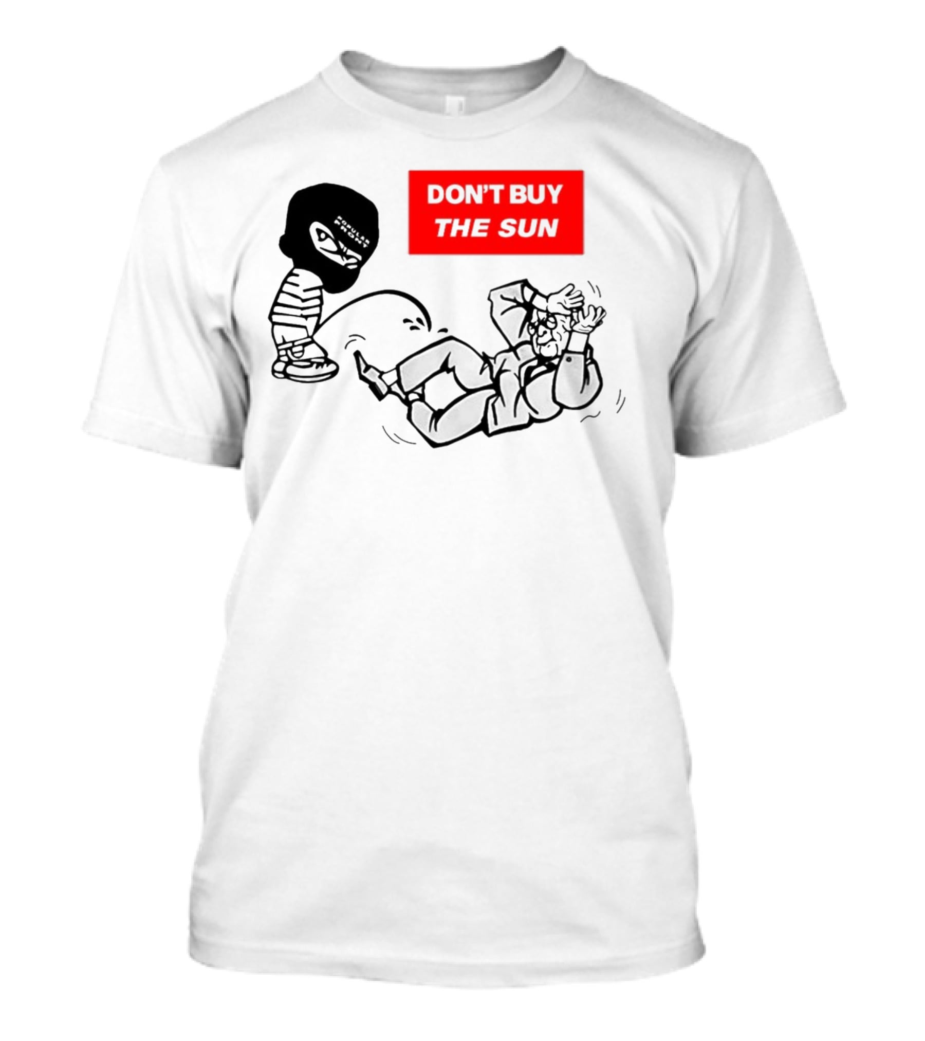 Don't Buy The Sun Graphic With Cartoon Character And Masked Figure Mocking Gesture T-Shirt