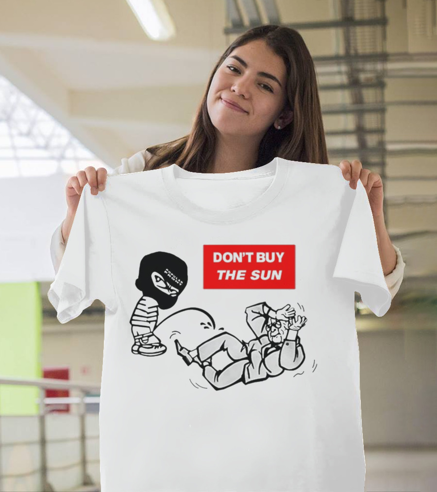 Don't Buy The Sun Graphic With Cartoon Character And Masked Figure Mocking Gesture T-Shirt