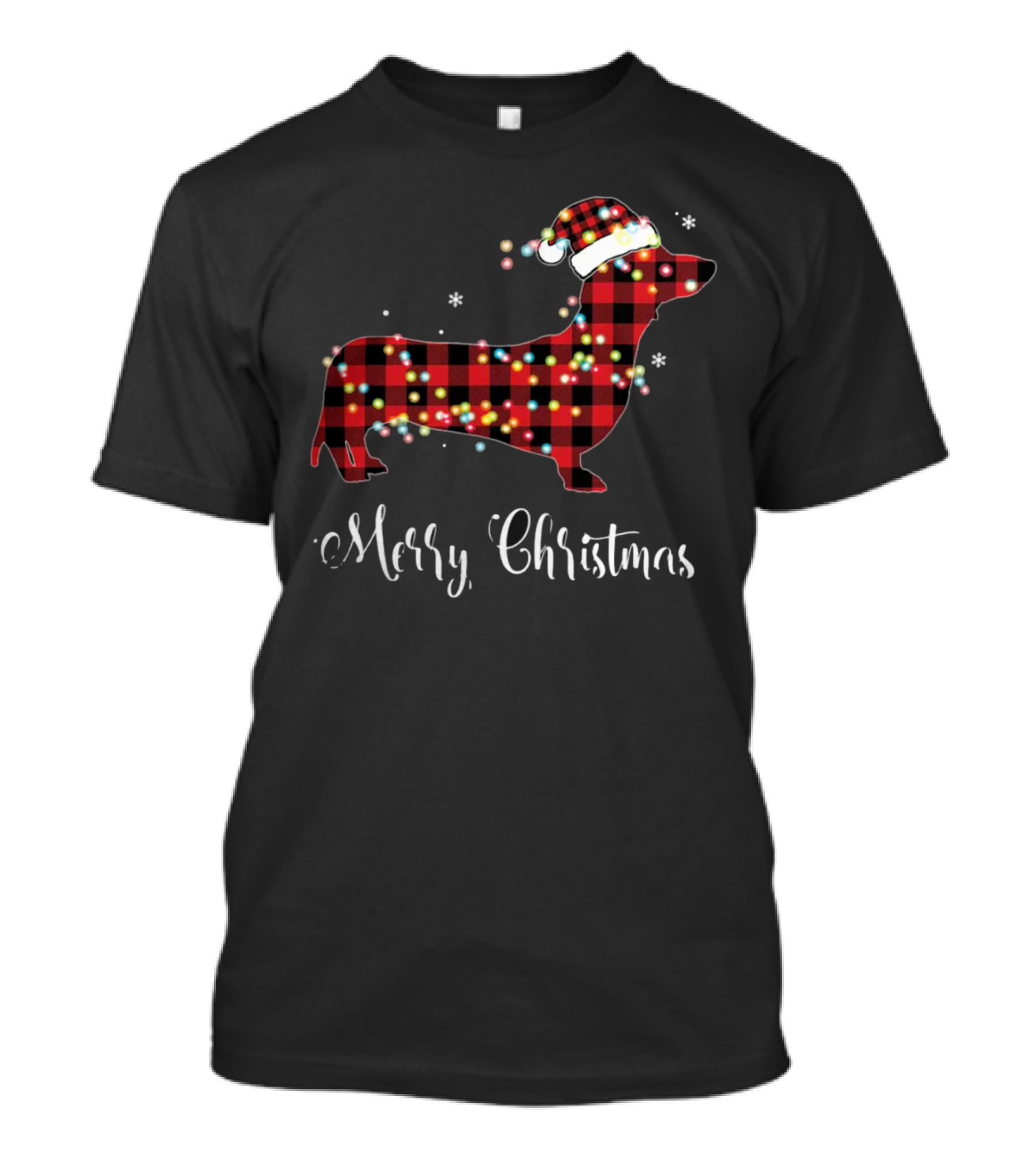 Merry Christmas Red Plaid Buffalo Dachshund With Santa Hat And Lights T-Shirt