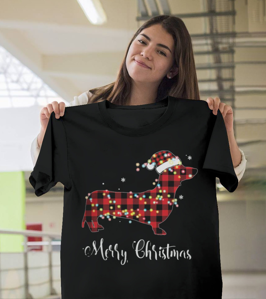 Merry Christmas Red Plaid Buffalo Dachshund with Santa Hat and Lights T-Shirt