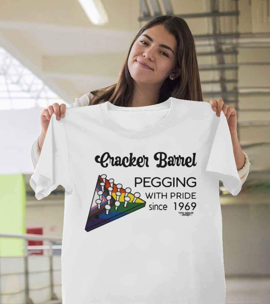 Cracker Barrel Pegging With Pride Since 1969 Rainbow Triangle Peg Board T-Shirt