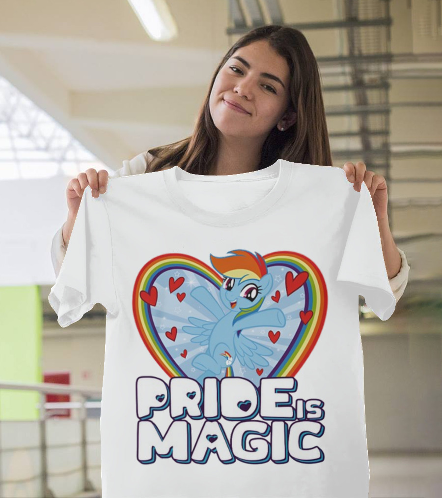 Pride Is Magic Rainbow Heart Flying Pony With Stars And Hearts T-Shirt