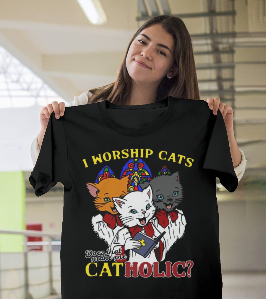 I Worship Cats Does That Make Me Catholic Cat Choir Stained Glass T-Shirt