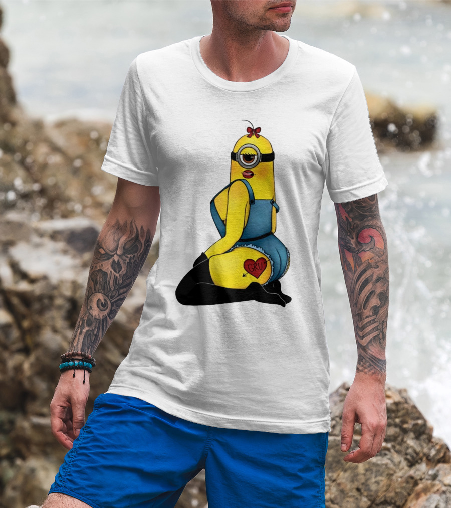 Minion In Blue Overalls With Gru Heart Tattoo And Red Bow T-Shirt