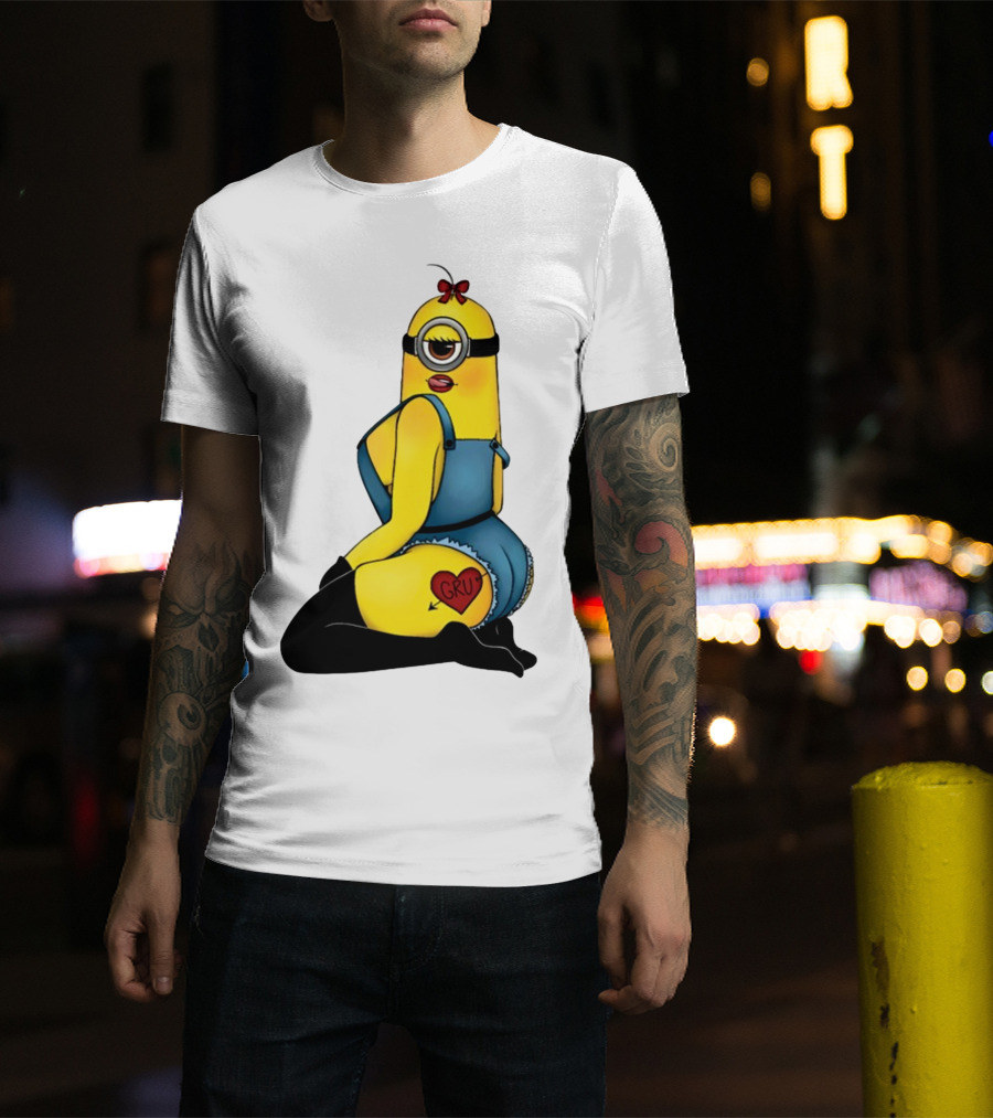 Minion In Blue Overalls With Gru Heart Tattoo And Red Bow T-Shirt