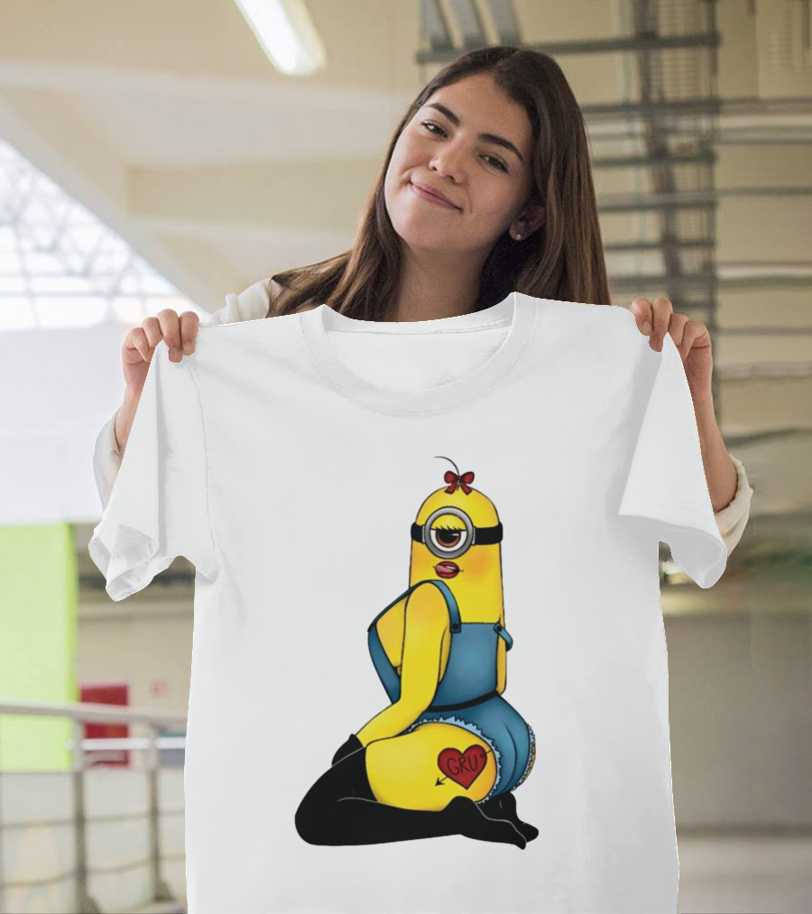 Minion In Blue Overalls With Gru Heart Tattoo And Red Bow T-Shirt