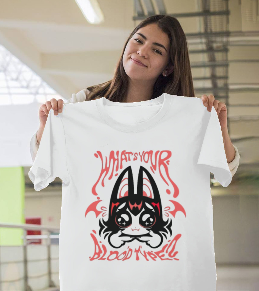 What's Your Blood Type? Kawaii Bat Character IN Red And Black T-Shirt