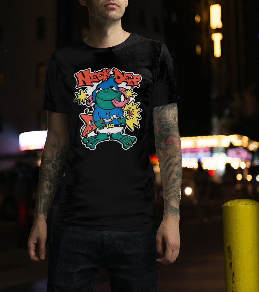 Neck Deep Frog Cartoon Character Holding Red Electric Guitar With Stars And No Belt T-Shirt