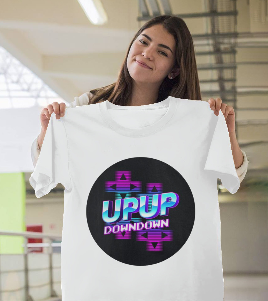 UPUP DOWNDOWN Retro Video Game Arrows Neon Text T-Shirt