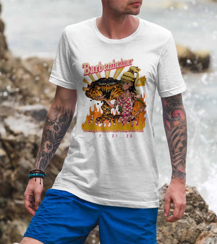 Barbenheimer Now I Am Become Death Destroyer Of Worlds 7 21 23 Retro Style Atomic Explosion Barbie Doll Flames T-Shirt