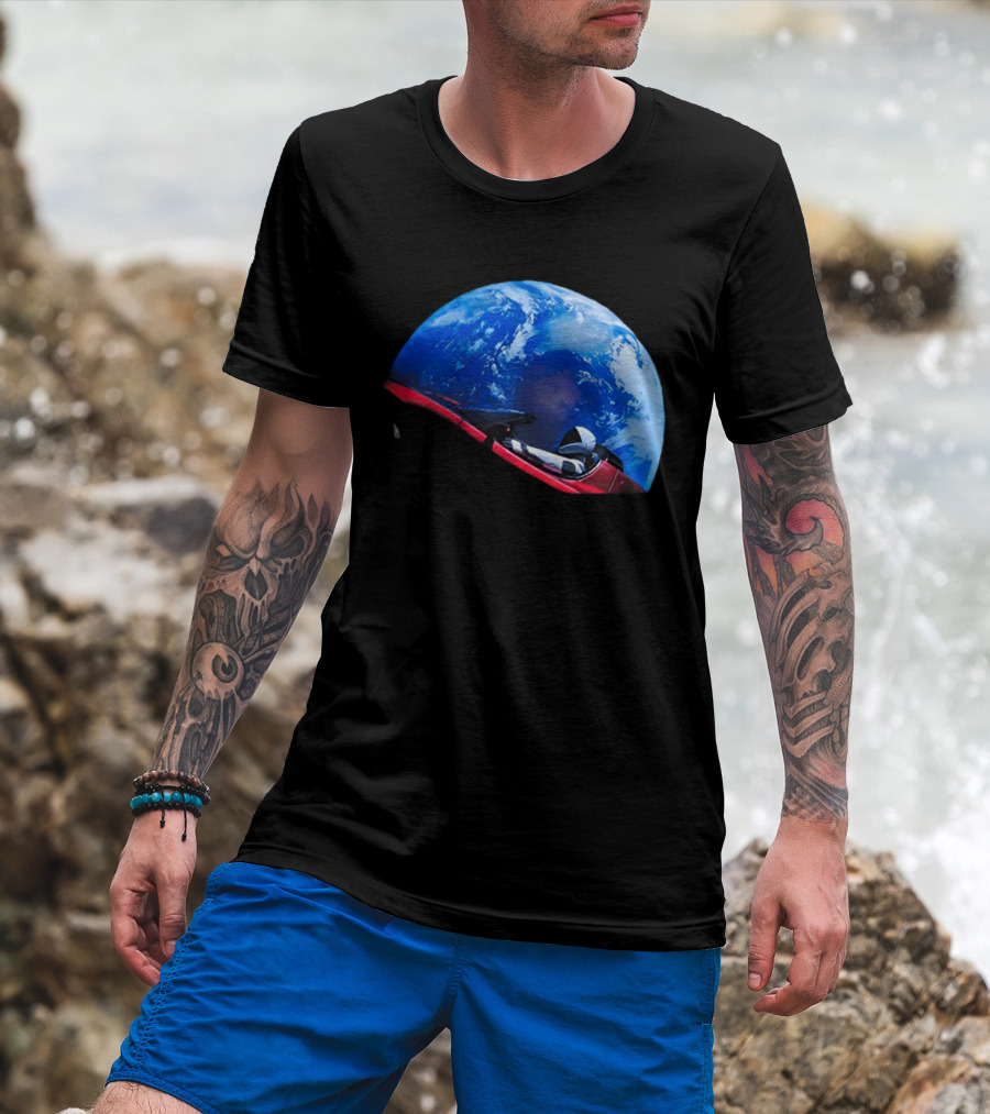 Spacex Starman In Tesla Roadster Orbiting Earth T-Shirt