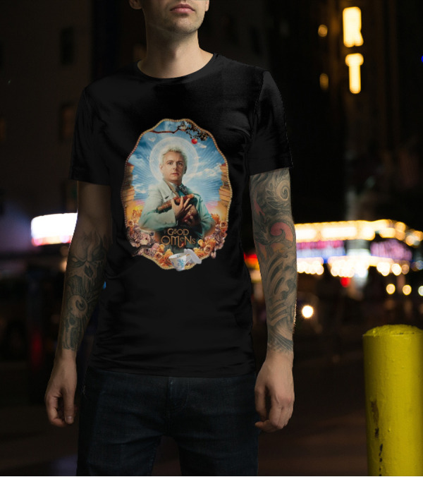 Good Omens Aziraphale Holding Books And Broken Tea Cup With Halo And Clouds T-Shirt
