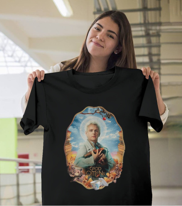 Good Omens Aziraphale Holding Books And Broken Tea Cup With Halo And Clouds T-Shirt