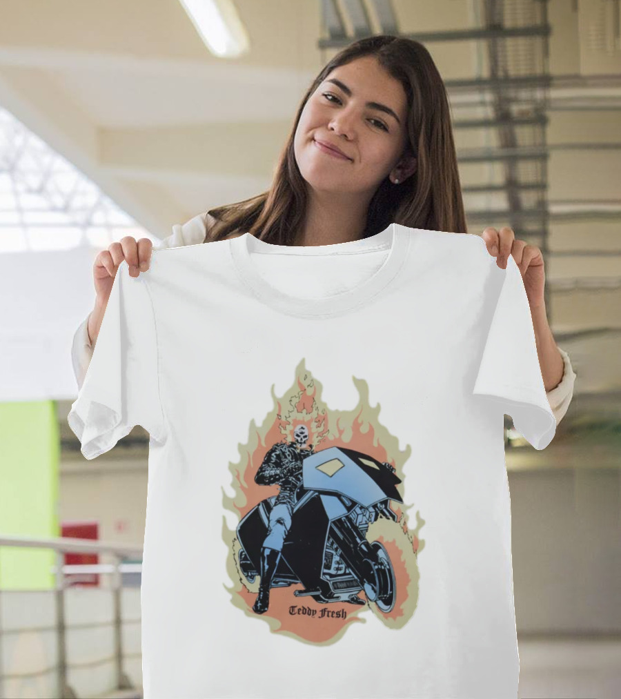 Teddy Fresh Tf X Marvel Ghost Rider Uv Activated Flames Motorcycle T-Shirt