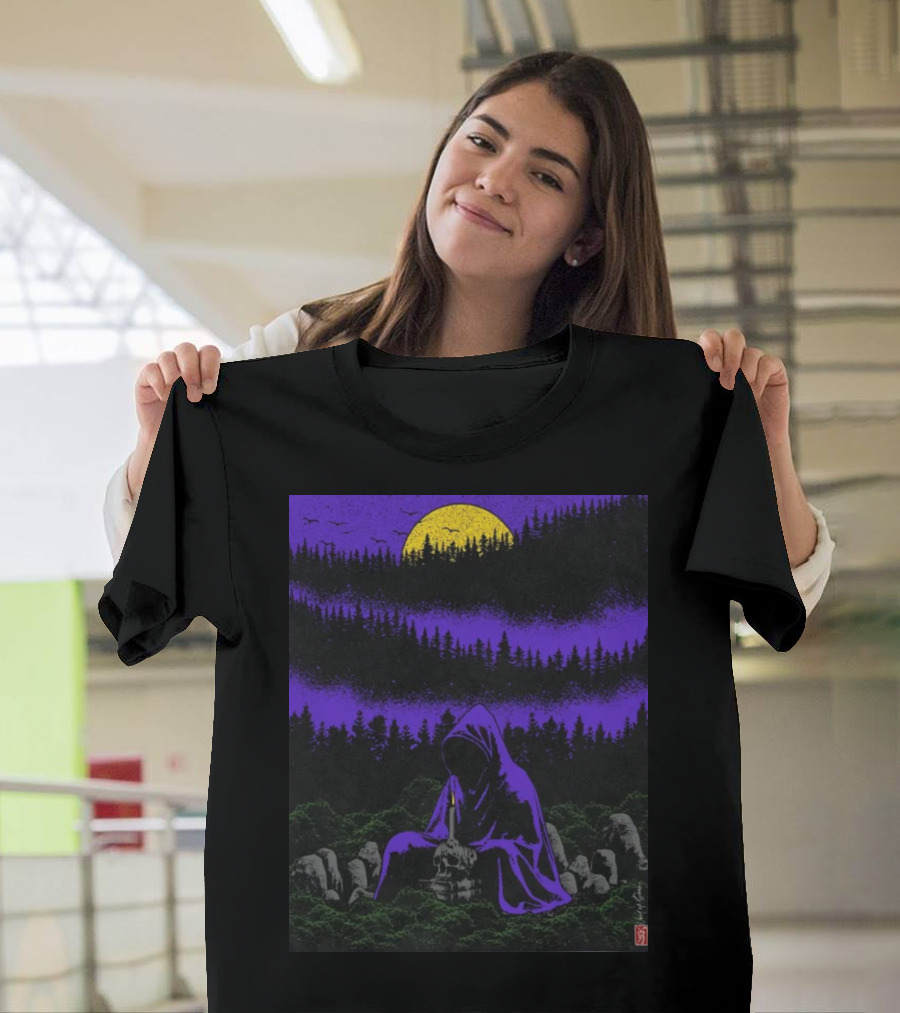 Death By Hibachi Void of Doom Grim Reaper in Enchanted Forest under Yellow Full Moon T-Shirt