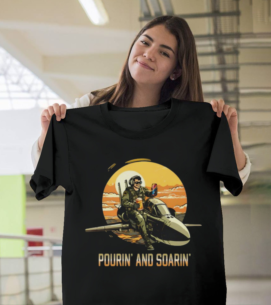 Pourin And Soarin Pilot with Drinks on Jet T-Shirt