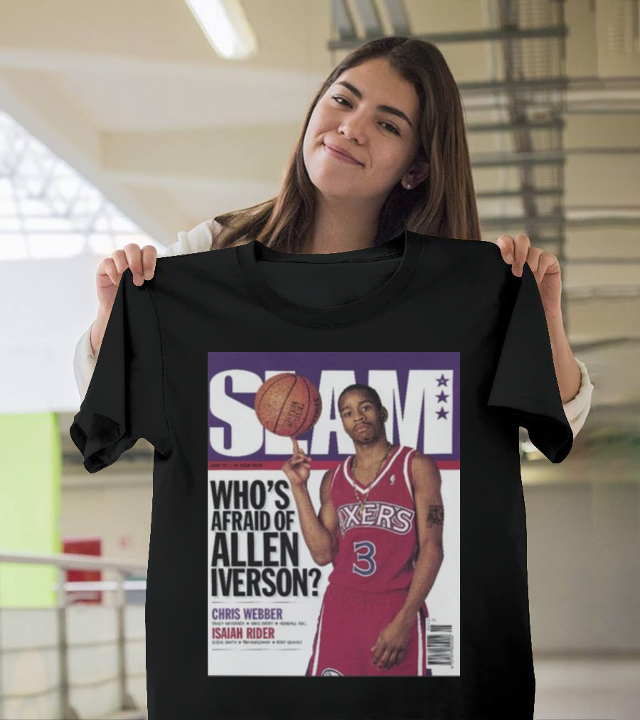 Slam Magazine Cover: Allen Iverson in Sixers Jersey with Who's Afraid of Allen Iverson Headline T-Shirt