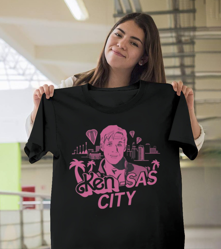 Ken-Sas City Pink Palm Skyline And Heart Balloons T-Shirt