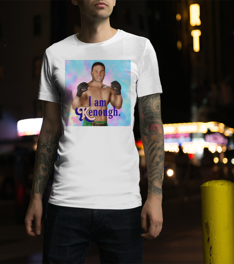 Brogan Ken Shamrock I Am Kenough Boxer Gloves Blue Pink Background T-Shirt