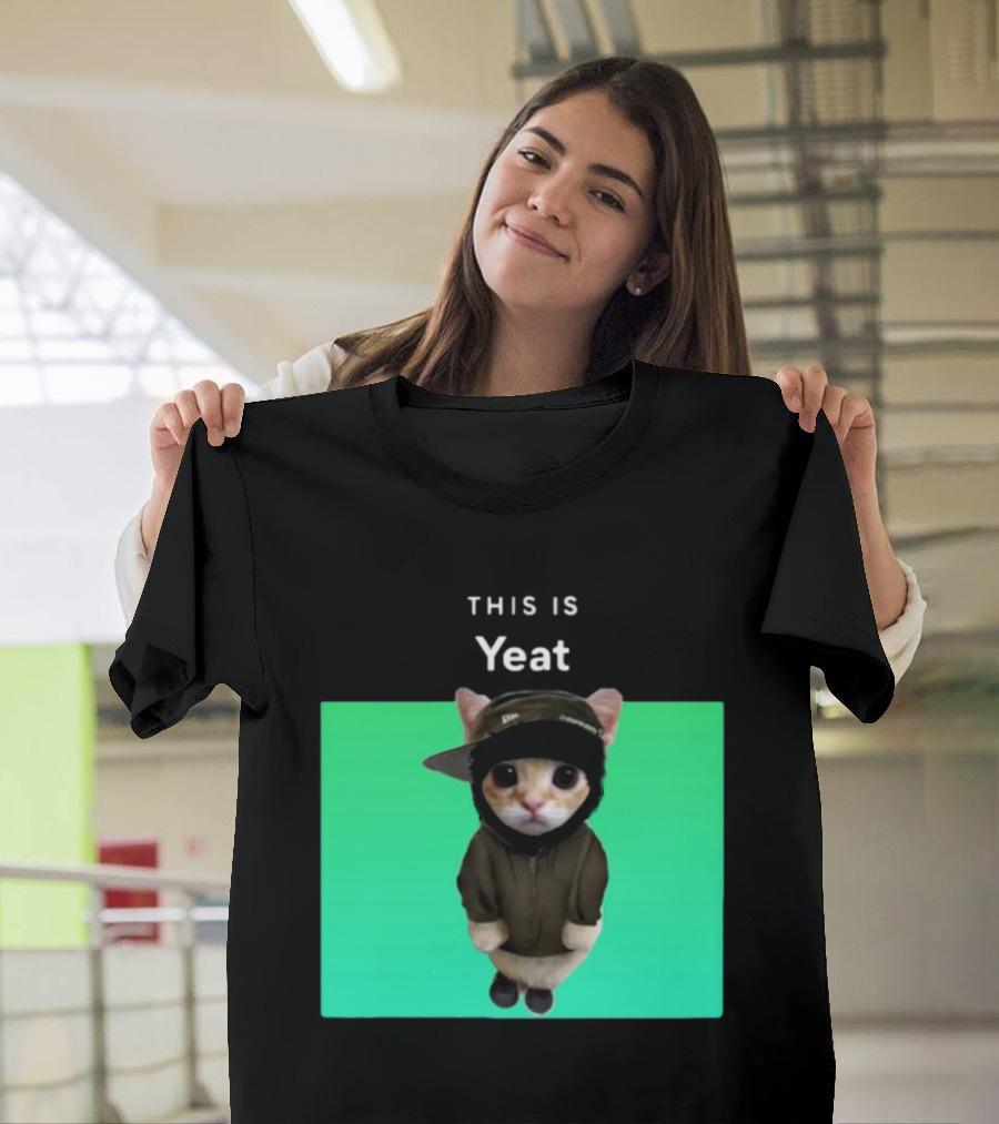 Yeat Cat Wearing Hoodie And Cap On Green Background T-Shirt