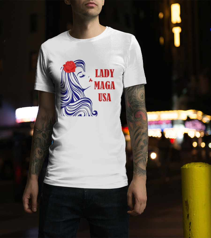 Lady Maga USA Bold Red And Blue Portrait With Rose T-Shirt