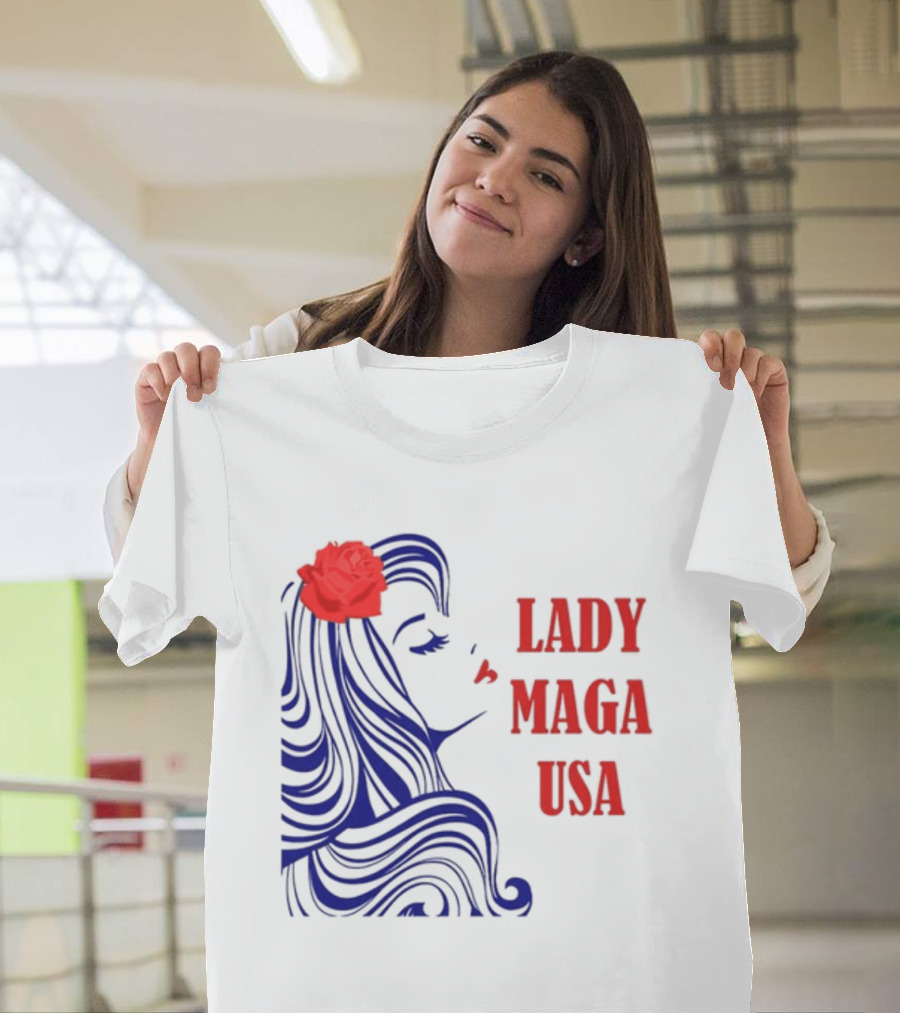 Lady Maga USA Bold Red and Blue Portrait with Rose T-Shirt