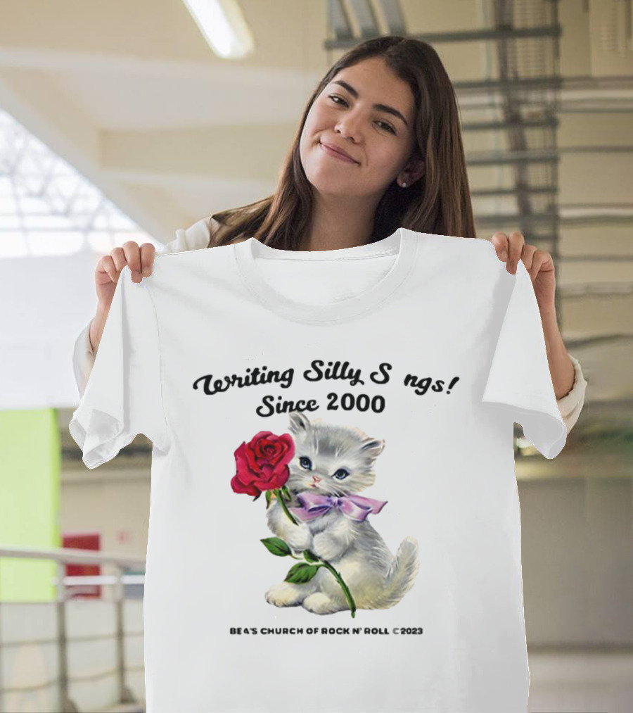 Writing Silly Songs Since 2000 Cute Kitten With Red Rose And Pink Bow T-Shirt