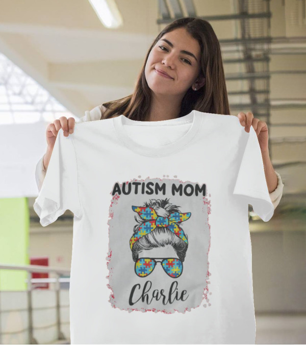 Autism Mom Charlie Puzzle Pattern Messy Bun Hair T-Shirt