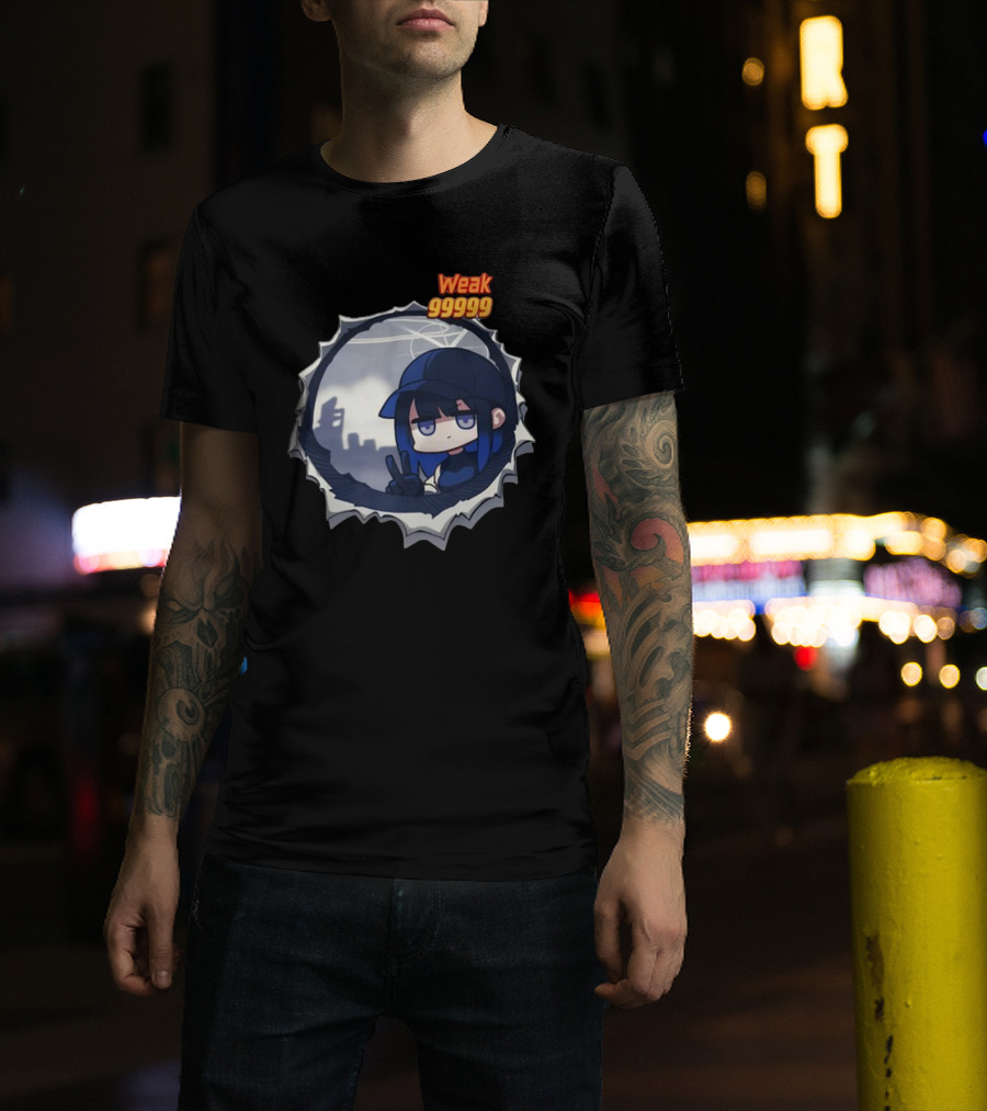 Weak 99999 Manga Character Peering Through Circular Portal T-Shirt