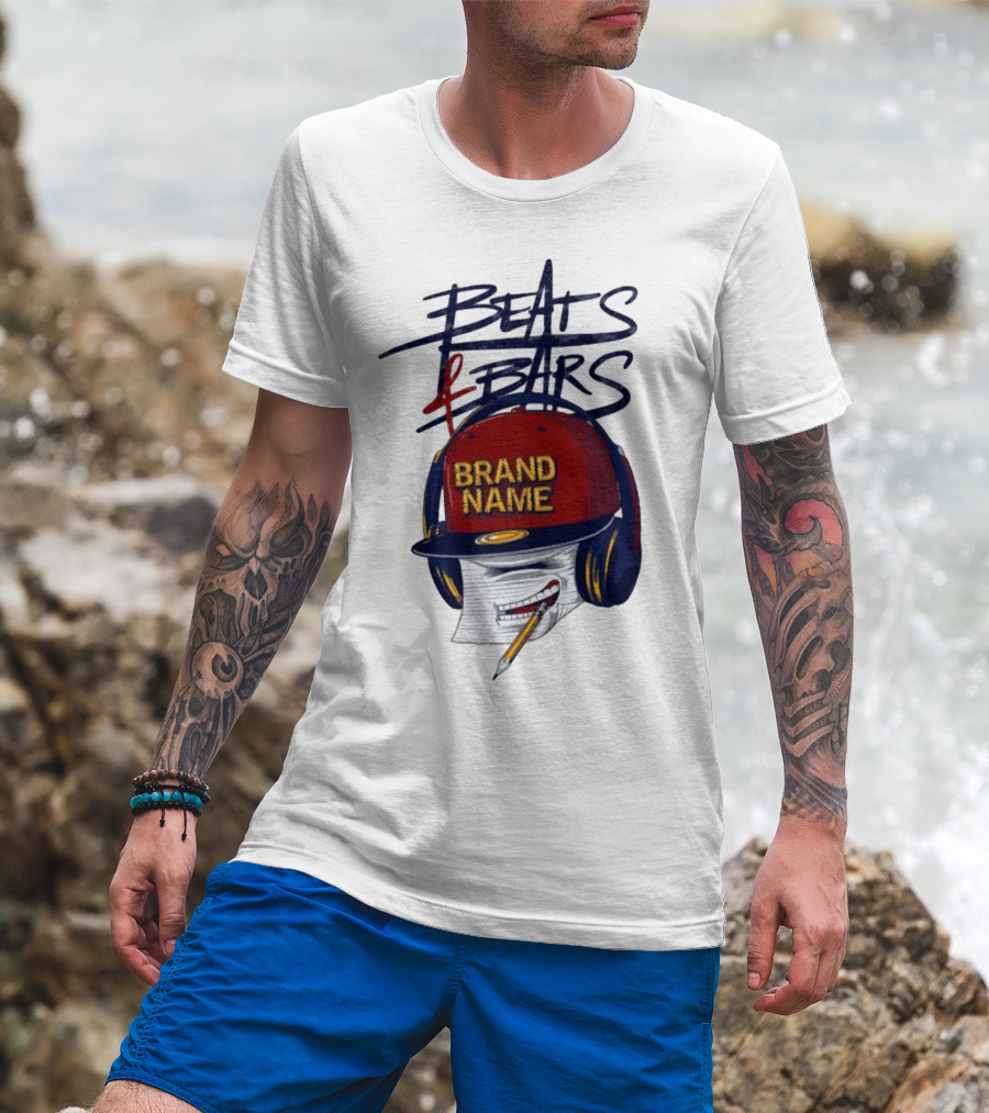 Beats And Bars Brand Name Hat Headphones Pencil Sketch T-Shirt