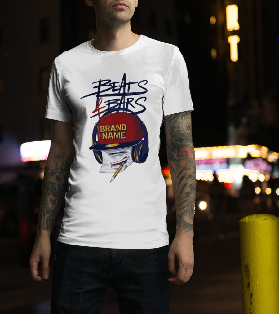 Beats And Bars Brand Name Hat Headphones Pencil Sketch T-Shirt