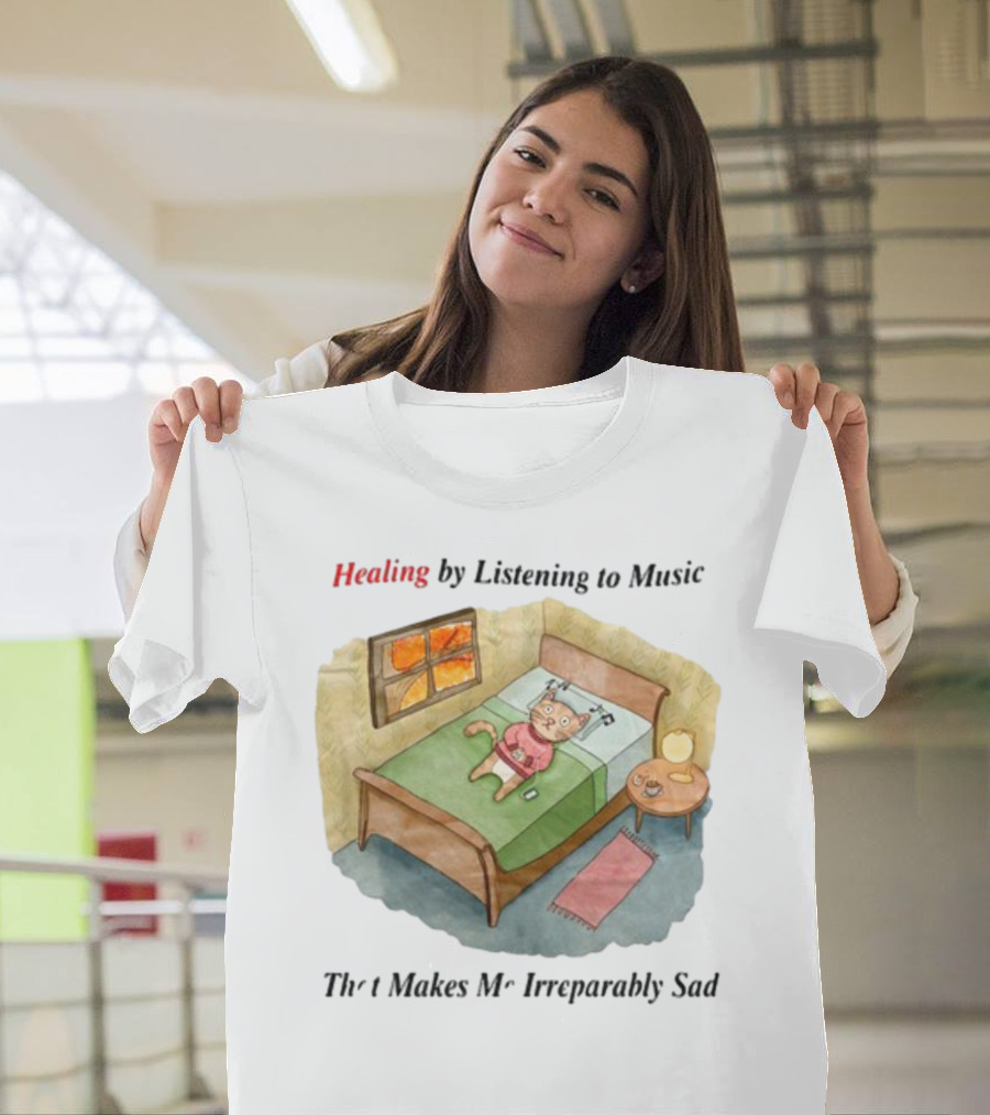 Healing By Listening To Music That Makes Me Irreparably Sad Bear On Bed With Phone And Candle Scene T-Shirt