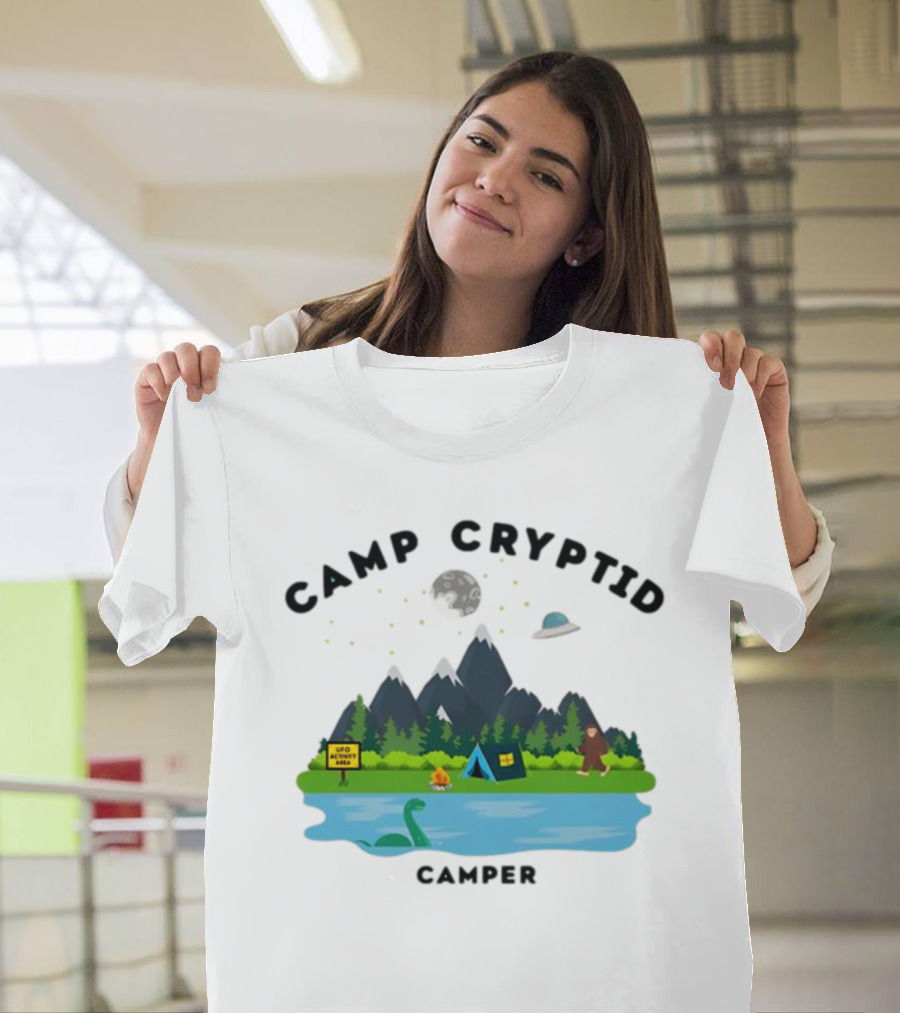 Camp Cryptid Camper UFO Area Loch Ness Bigfoot Camping Scene T-Shirt