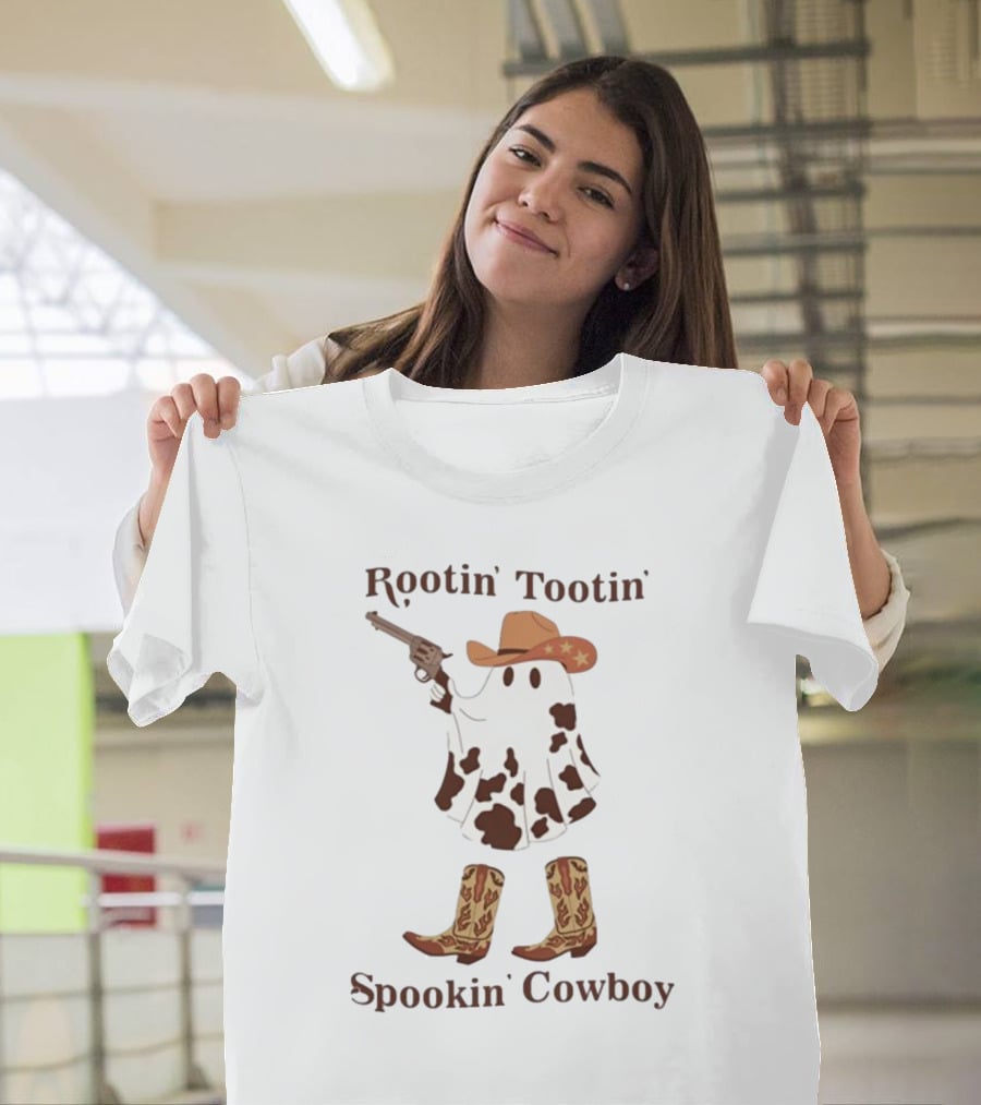 Gotfunny Rootin' Tootin' Spookin' Cowboy Brown Boots Ghost Hat Gun Blazing T-Shirt