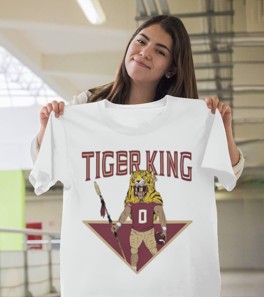 Tiger King Football Player in Tiger Helmet Holding Spear and Football T-Shirt