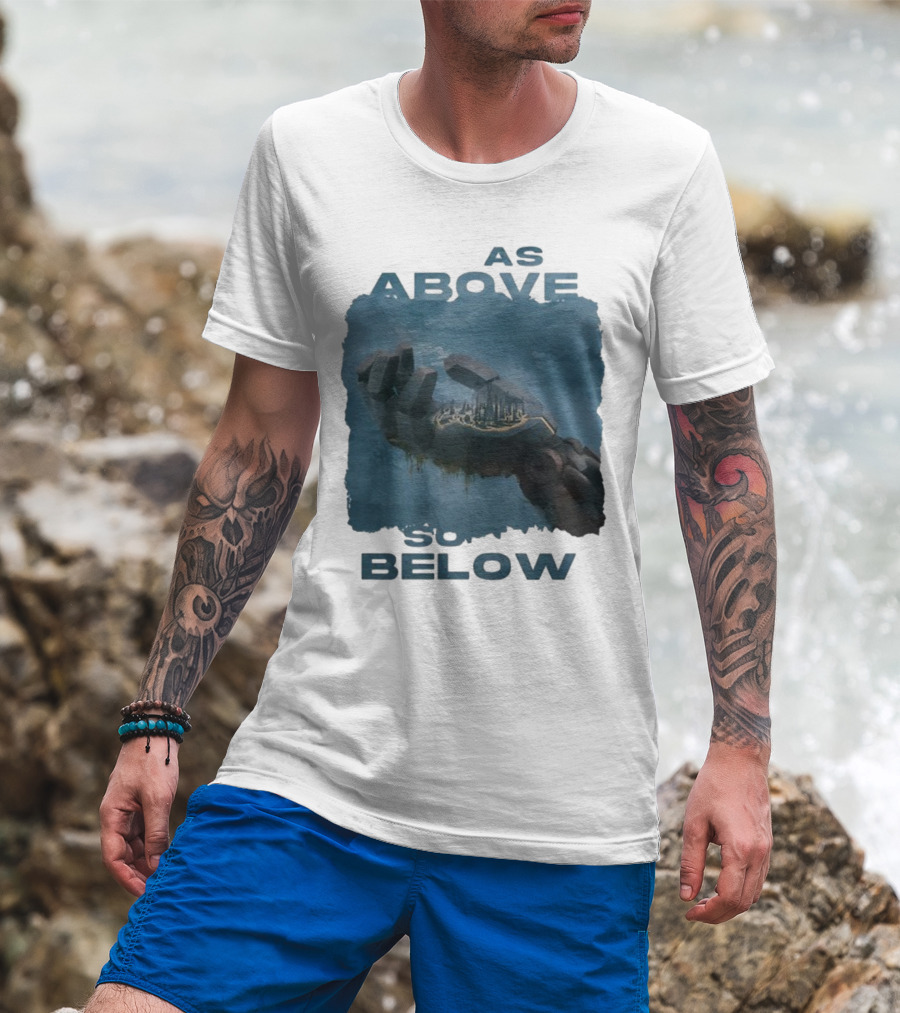 Essenger X Cryoshell As Above So Below Robotic Hand Holding Cityscape T-Shirt